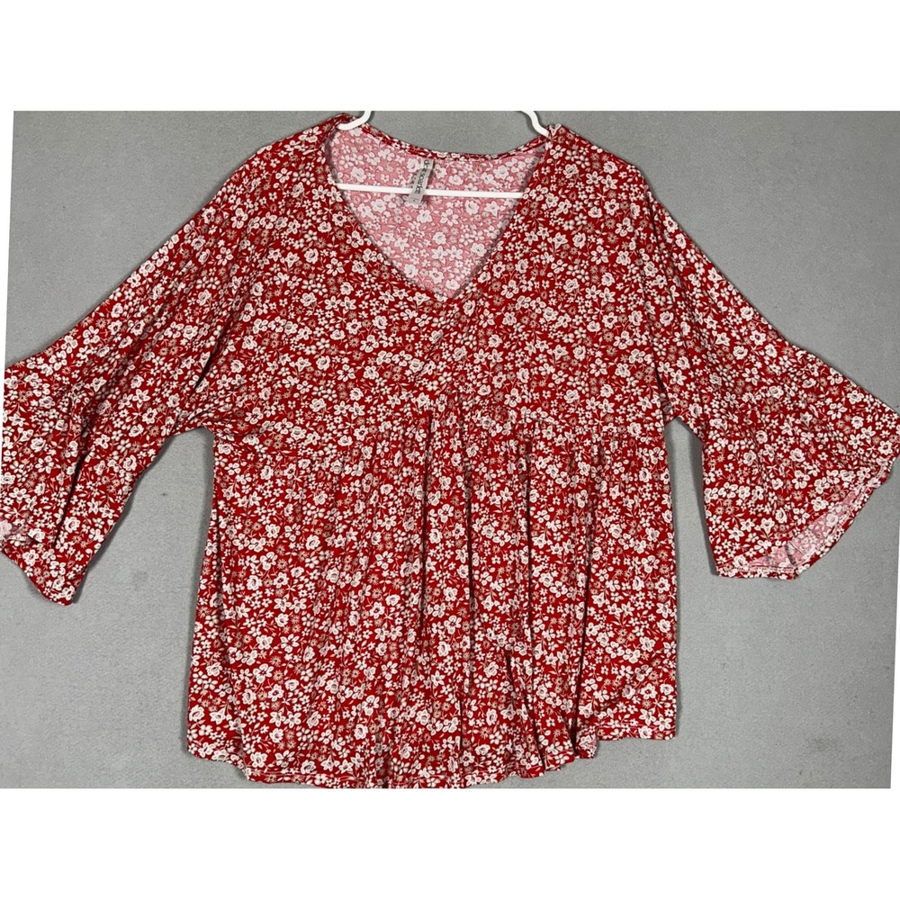 Dear Scarlett Top Women Large Babydoll Red Floral Bell Sleeve V-Neck Stretch EUC